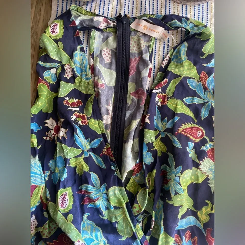 Tory Burch  Wisteria Wrap Romper Womens Swim Cover Up Blue Green Sleeveles Sz XS